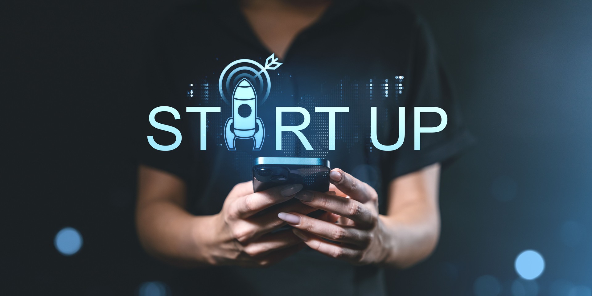 Startup concept with rocket and digital elements.