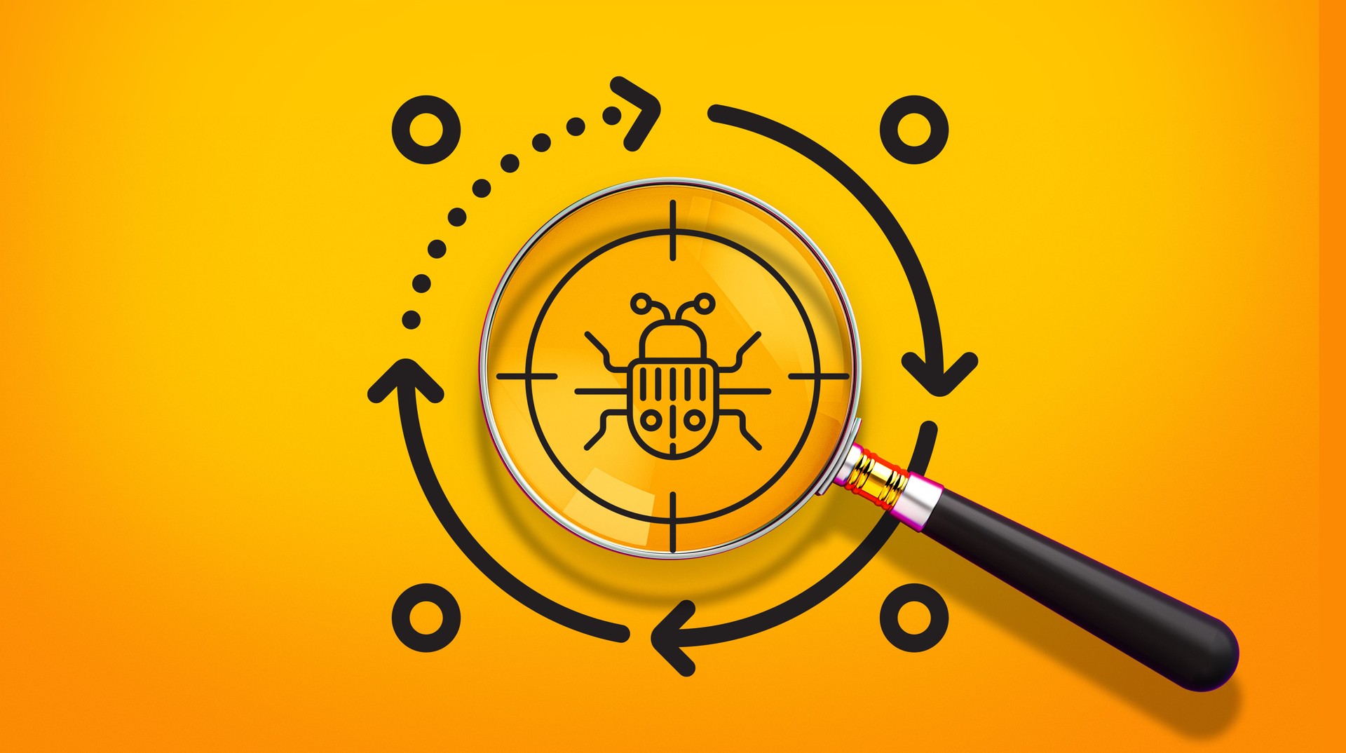 Bug Detection and Resolution Process Icon with Magnifying Glass, Target Mark, and Bug Symbol on Yellow Background – 3D Rendering.